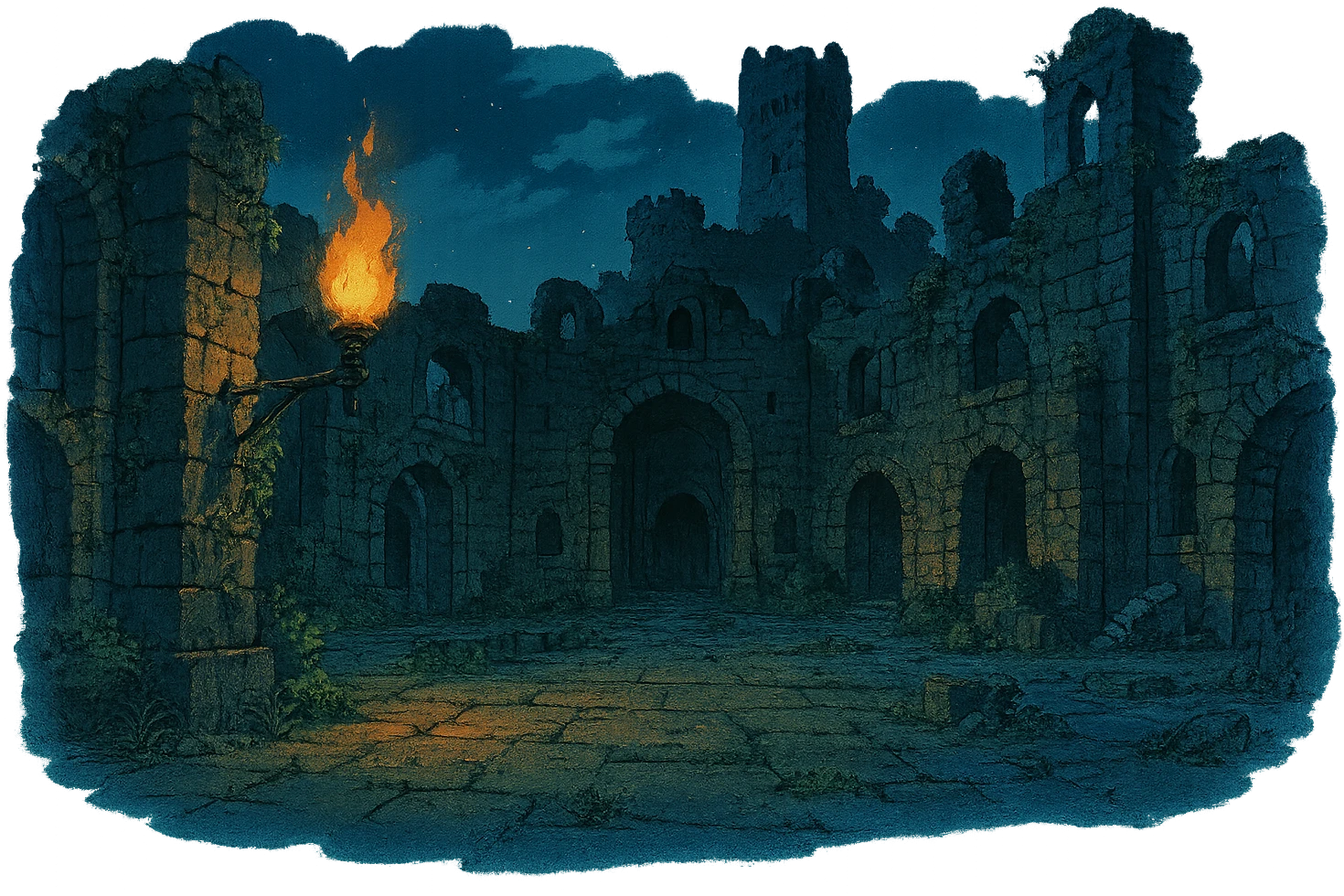 Midnight castle ruins torchlit courtyard emoji