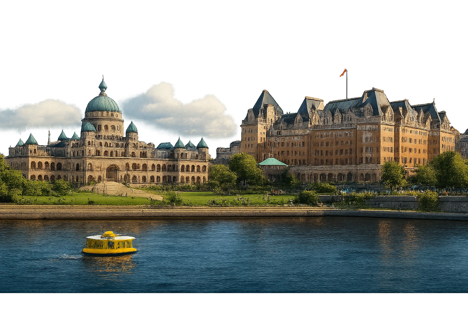 cinematic, realistic emoji of Victoria, BC, featuring a skyline with iconic landmarks such as the British Columbia Parliament Buildings, the Fairmont Empress Hotel, and the Inner Harbour, with lifelike detail, accurate colors, bright lighting, wide city view, fully transparent background emoji