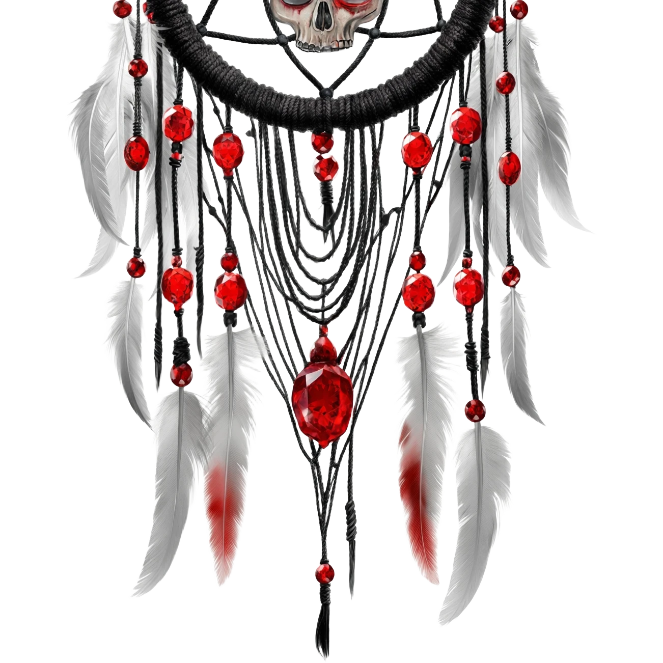 Blood-red, bloody, obsidian-black, edgy, dream catcher, red gemstones, black wires, black threads, skull, white feathers, badass, evil, gorgeous aesthetic, gothic decor emoji