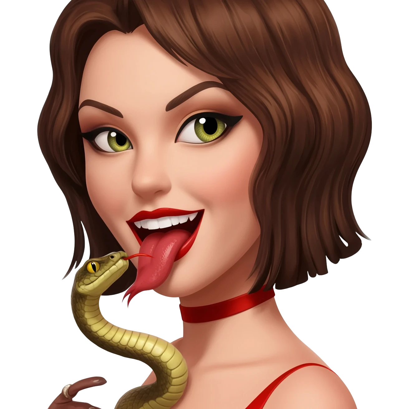 Prostitue with a snake tongue and reptilian eyes wearing red lipstick and has an evil smile lust emoji