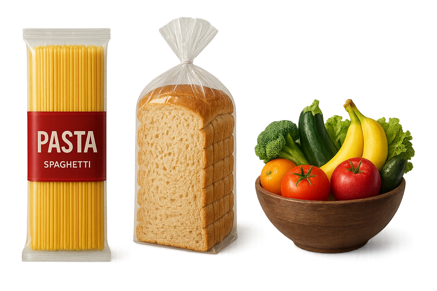 pacco di pasta realistico, pacco di pane, bowl di frutta e verdura, 4k emoji