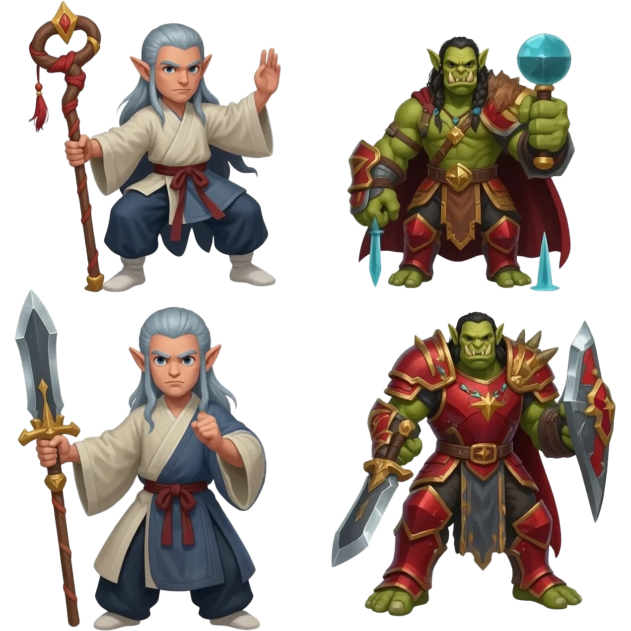 A male elf kungfu master with a staff and silver blue hair, a male orc shaman with weapons in each hand, and a male elf paladin in red armor and a sword, as a group emoji