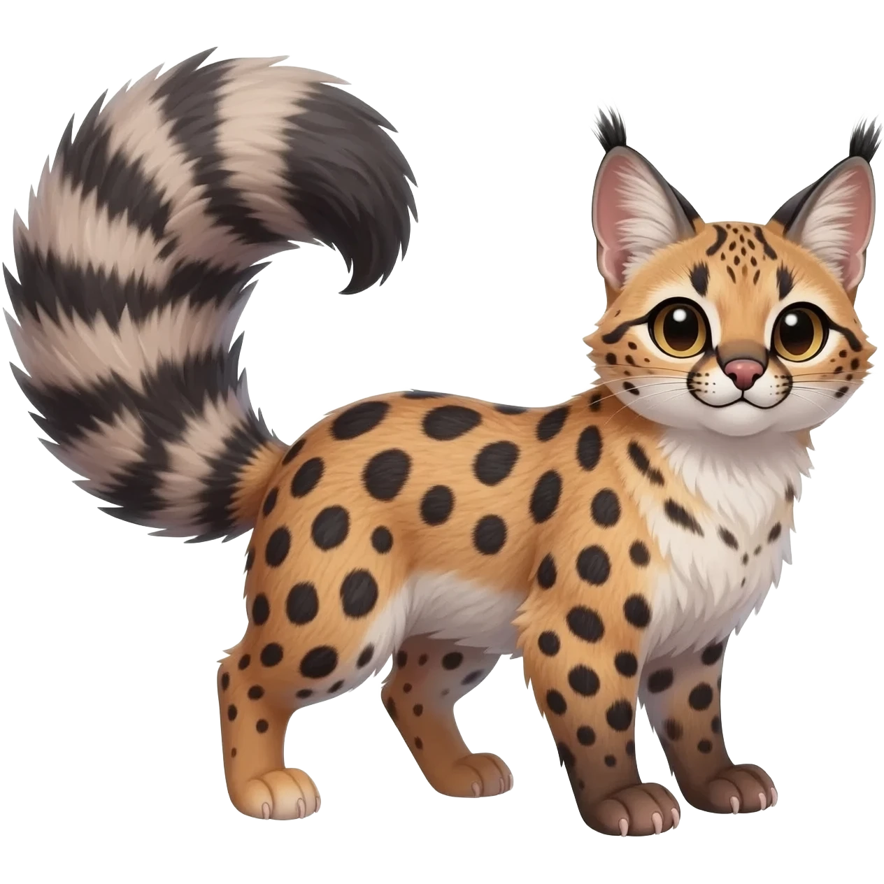 realistic fur with random dark markings beautiful elegant pretty precious cute  Fakémon-Pokémon-opossum-feline-serval-caracal-chinchilla-Furret-Minccino-hybrid-creature with a big fluffy bushy tail (full body) emoji