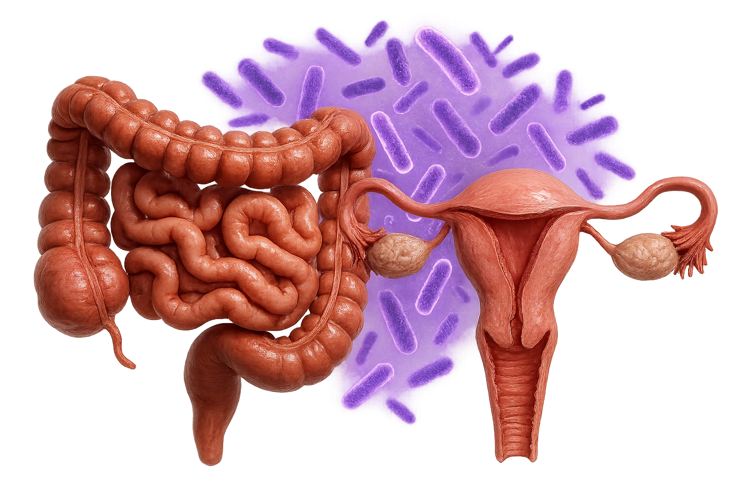 intestino umano anatomico realistico accanto ad un utero umano anatomico realistico, dietro i due organi fluttuano batteri intestinali con questo colore: #971ef1, iperrealistico 4k
isolata su sfondo bianco emoji