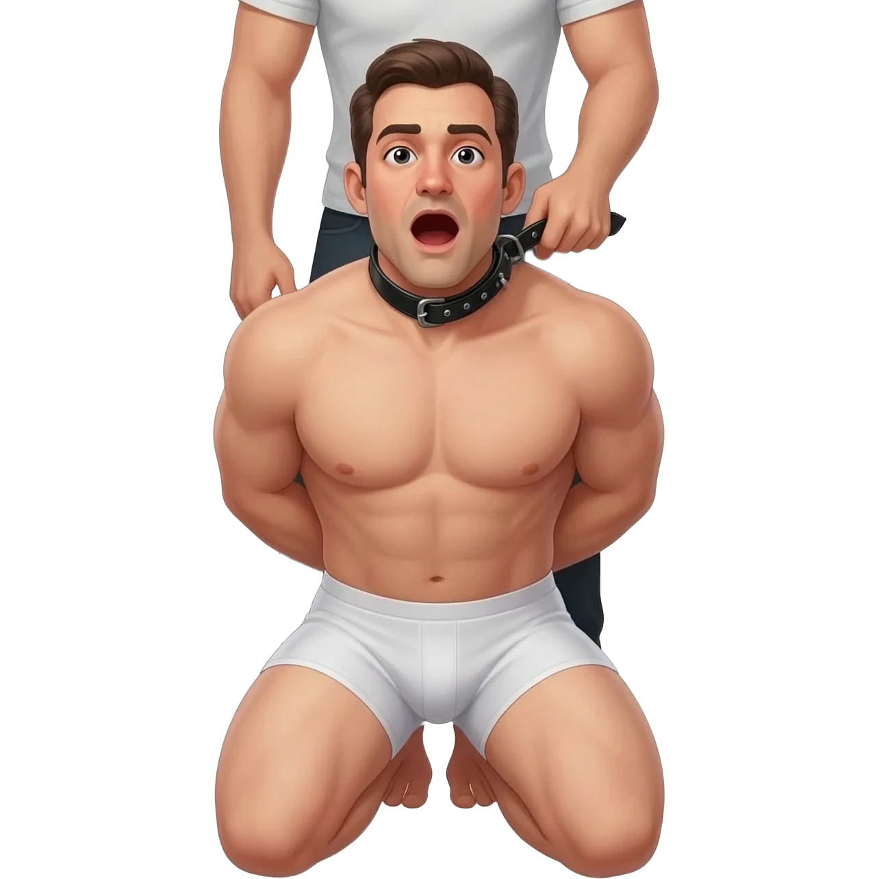 Fourty year old guy in white briefs on his knees with mouth wide open and a black leather collar around his neck and hands tied behind his back. a man stands behind him holding the coolar with one hand emoji