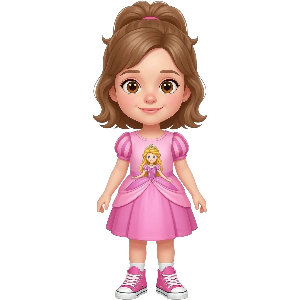 Young girl with light brown hair, half up, light brown eyes. Wearing a pink dress with a princess theme picture on it,  with matching pink sneakers.. emoji