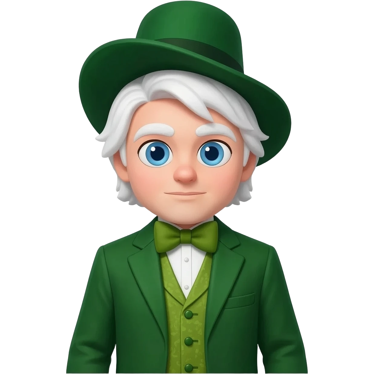 The Wizard from The Land of Oz with blue eyes, white hair, dark green hat, green suit with bow tie emoji
