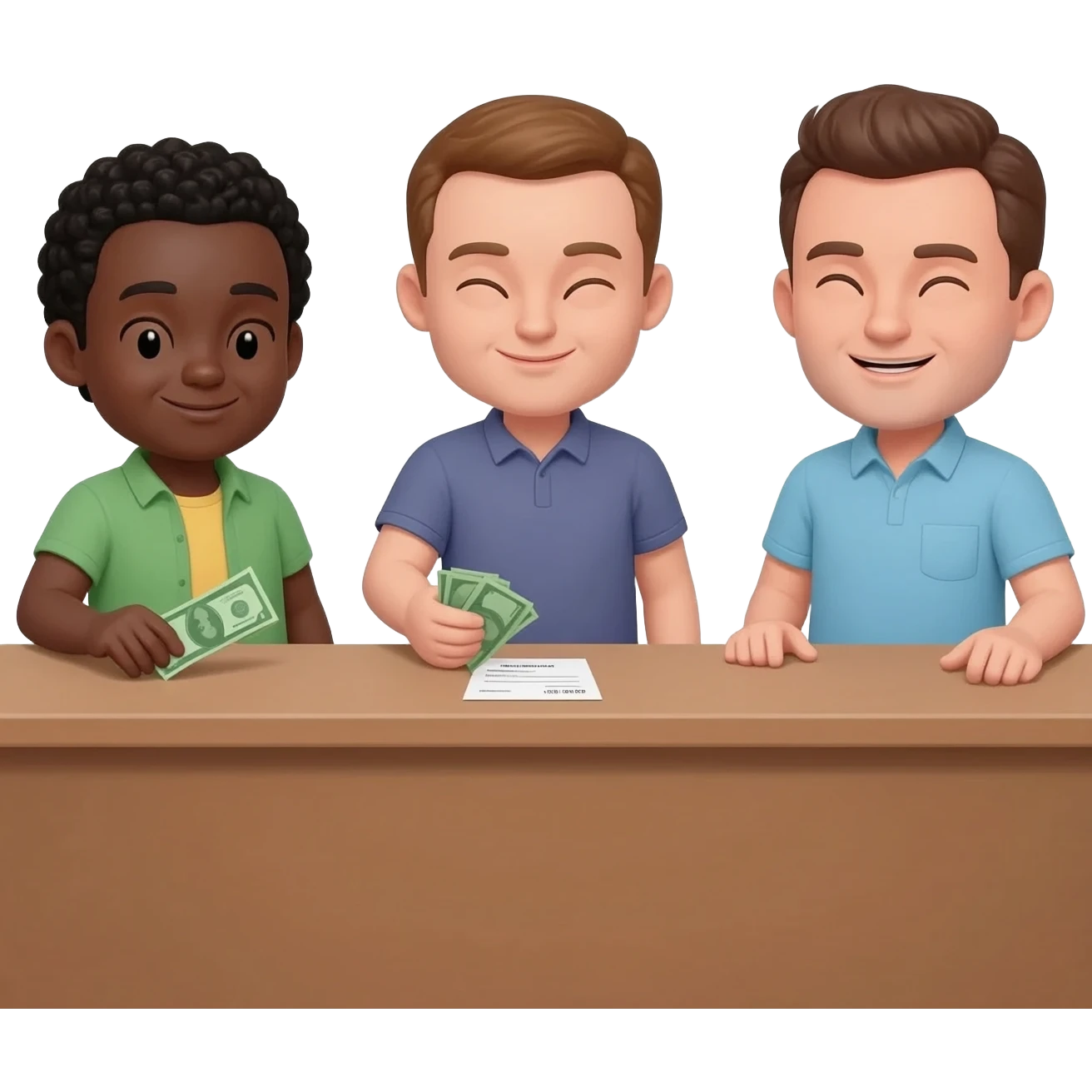 tres personas pagando renta solo hombres uno mereno y dos blanco emoji