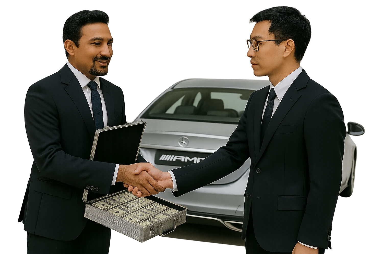 Remove the background so the scene is on a transparent background. The scene depicts a light-skinned Indian man with a goatee shaking hands with a Chinese man. The Indian man is giving the Chinese man money in a briefcase. There is an AMG car behind the Indian man. emoji