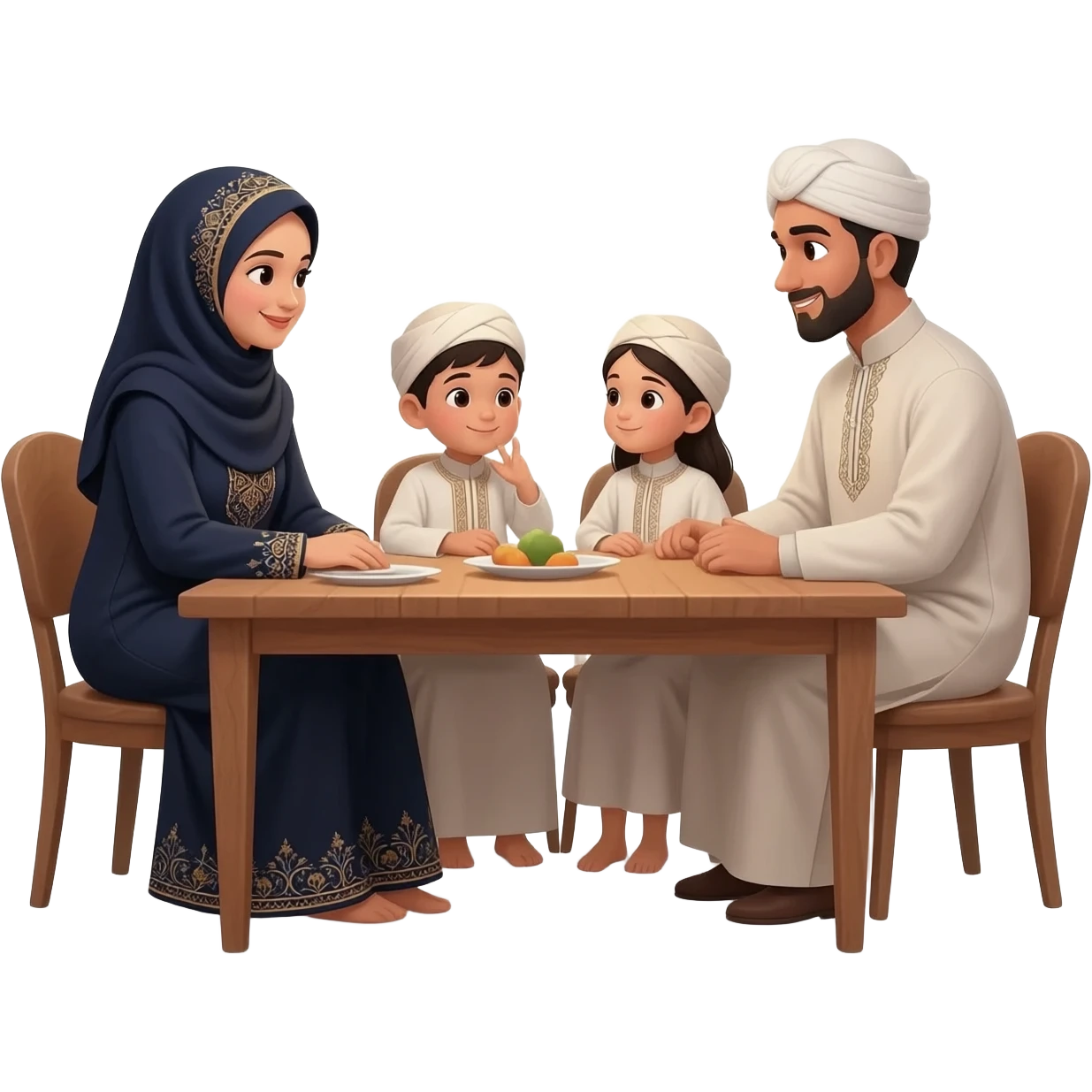 happy family islamic clothing sitting on table talking; mother wearing hijab emoji