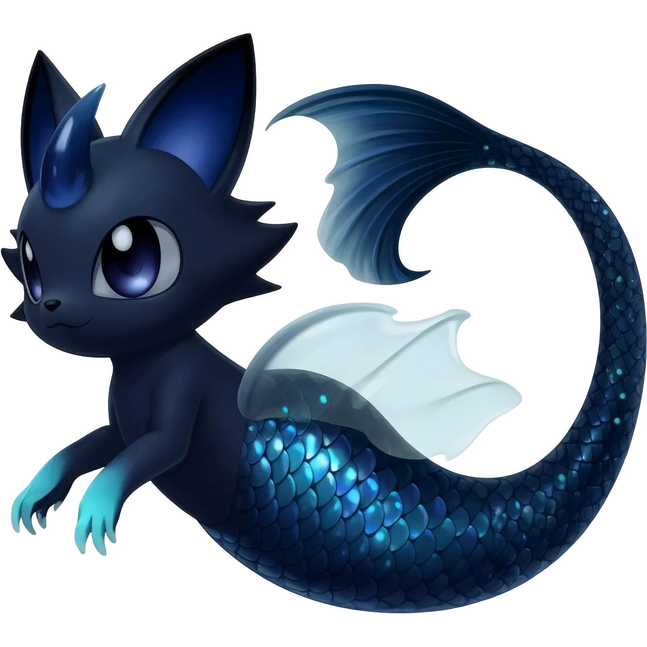 Epic complex abyssal fantasy swampy glorious detailed dark dusky gloomy deep gothic gloomy cobalt-blue-abyss-blue-black-greyish, realistic Fakémon-Sprigatito-Floragato-Meowscarada-Vaporeon-Salandit-Trico-Sergal-Serval-Vernid-creature (full body) with mermaid-ears, tail fin, shiny sparkly, iridescent emoji