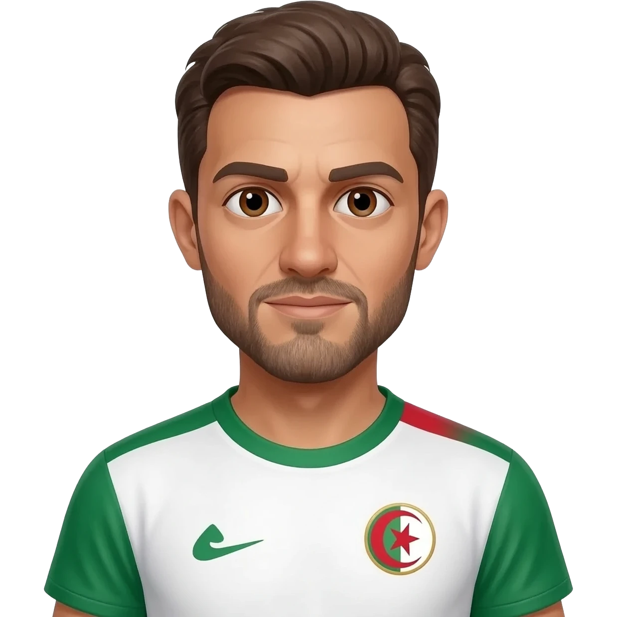 homme métisse algérien français peau claire yeux marrons 38 ans cheveux bruns petite calvitie et barbe avec maillot foot Algérie emoji