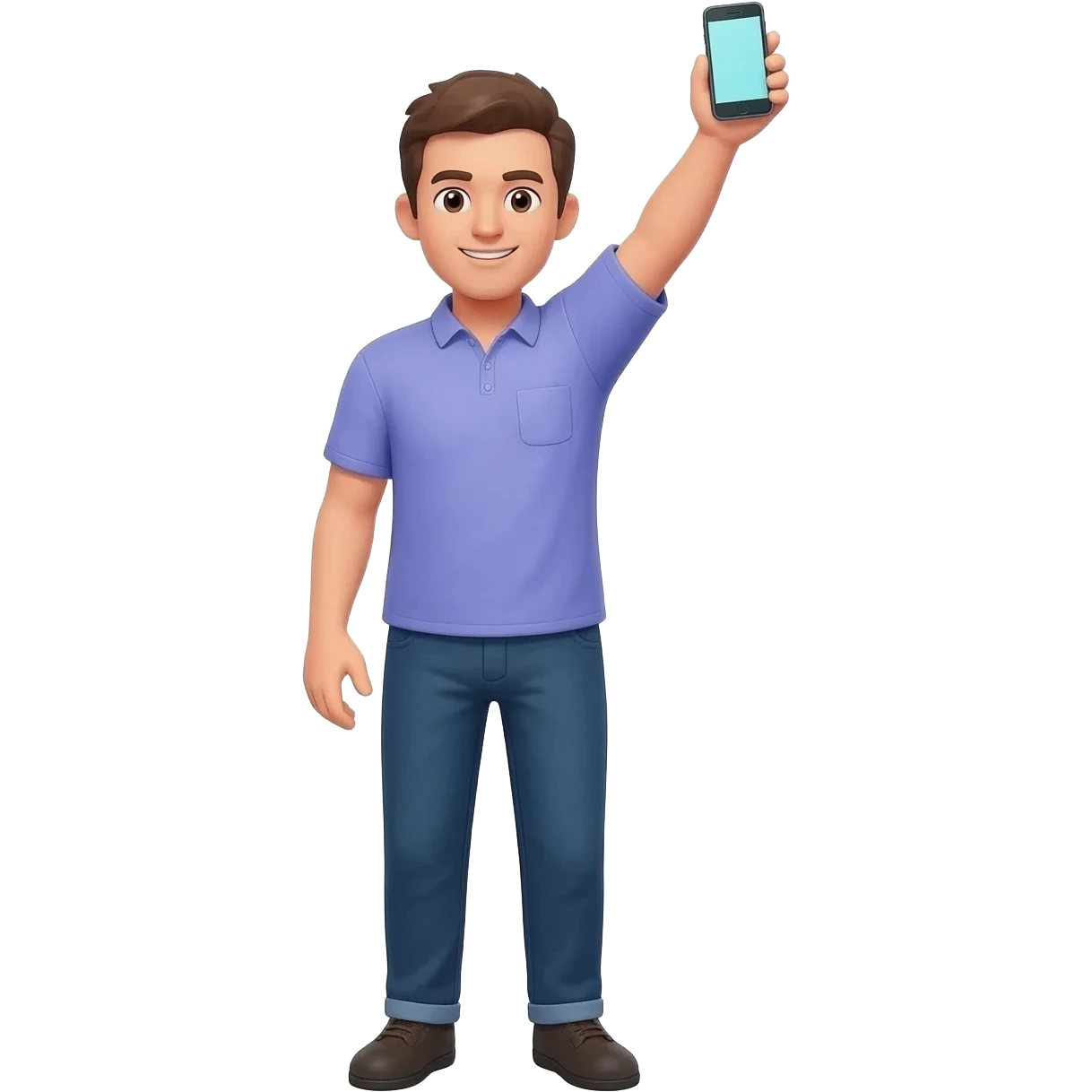 guy standing holding up his phone up high and in front of him to show the camera his entire body emoji