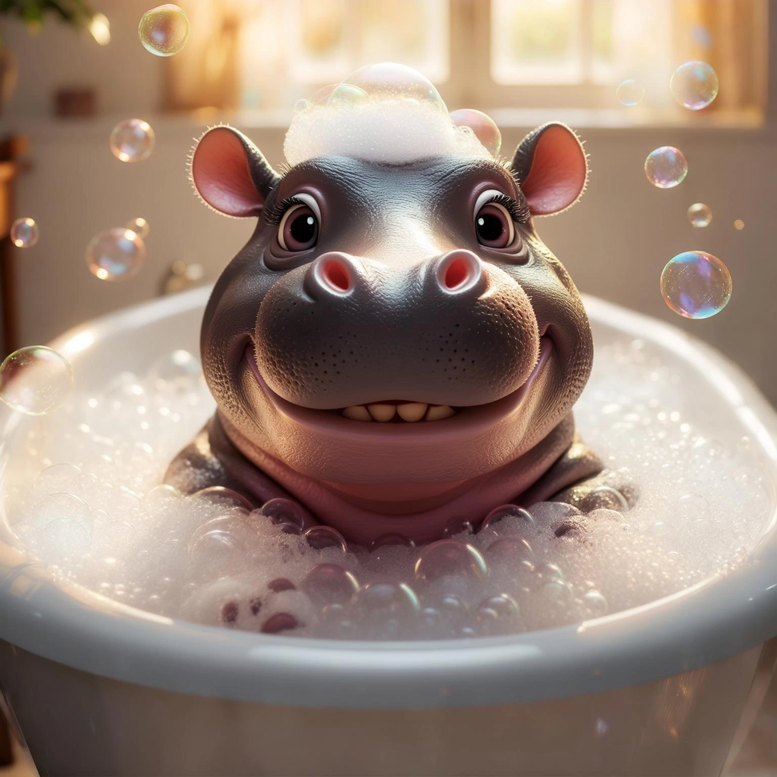 happy hippo with bubbles in bathtub emoji