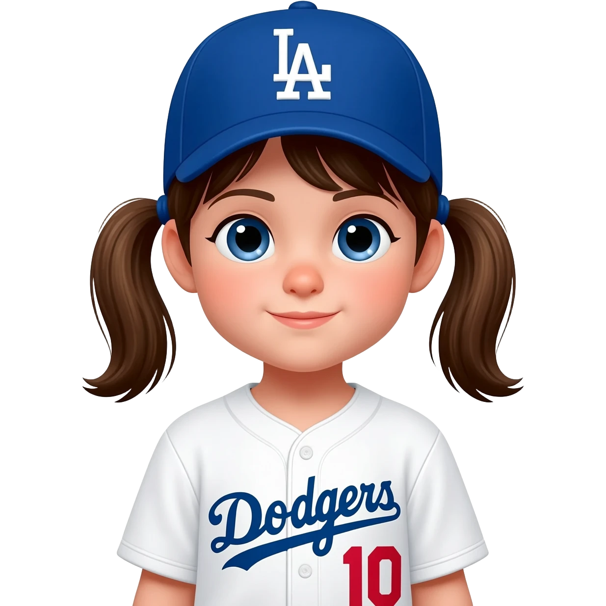 toddler girl in a white dodgers uniform with baseball cap with brown pigtails and blue eyes emoji