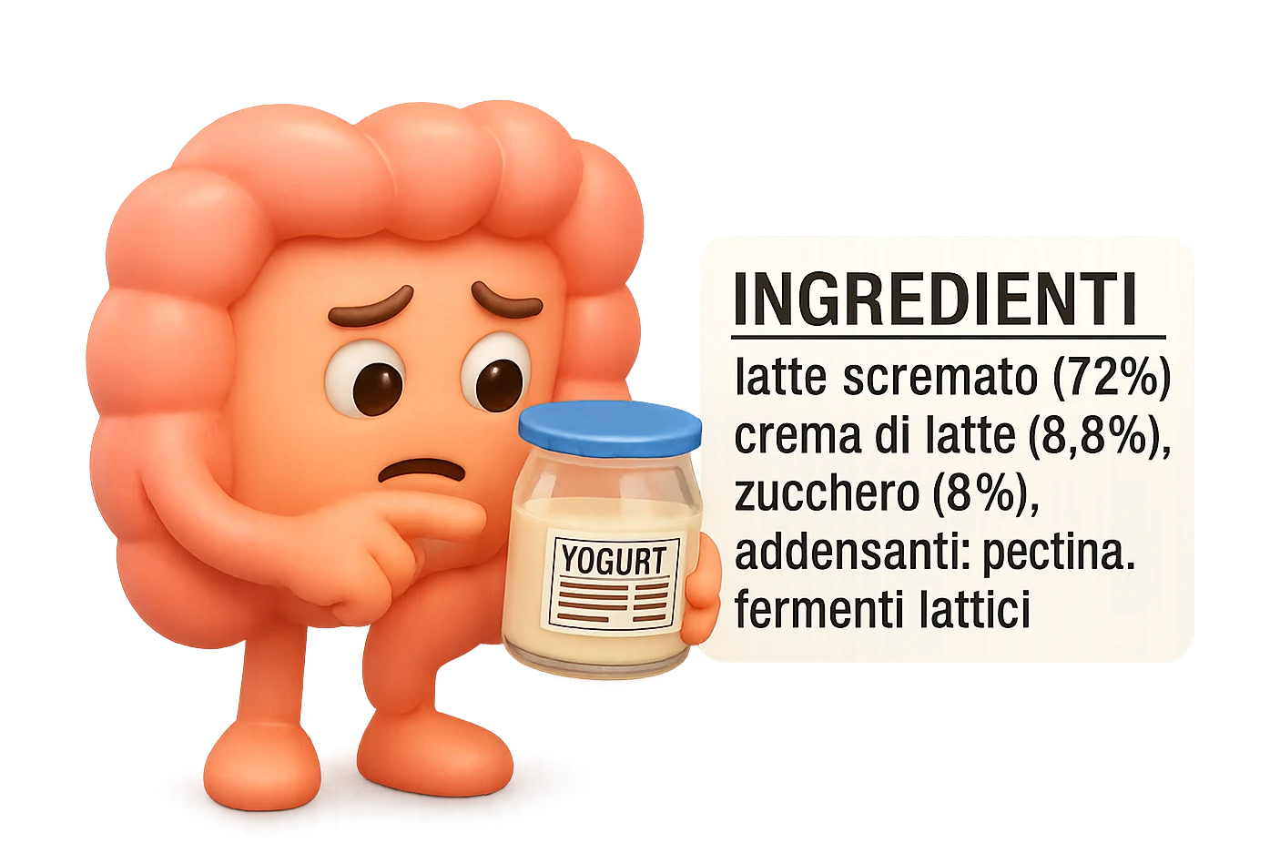 EMOJI STILE IPHONE 3D DI UN INTESTINO CHE HA IN MANO UN BARATTOLO DI YOGURT CONFEZIONATO DA SUPERMERCATO E LEGGE L'ETICHETTA NUTRIZIONALE CON GLI INGREDIENTI IN ITALIANO, ACCANTO ALLO YOGURT CHE HA IN MANO C'è UN FOCUS SULL'ETICHETTA CON GLI INGREDIENTI SCRITTI emoji