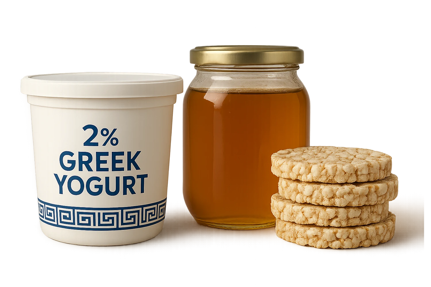 Yogurt Greco 2%
Miele (senza il cucchiaio di legno)
Gallette di Riso
vista frontale, iperrealistico 4k emoji