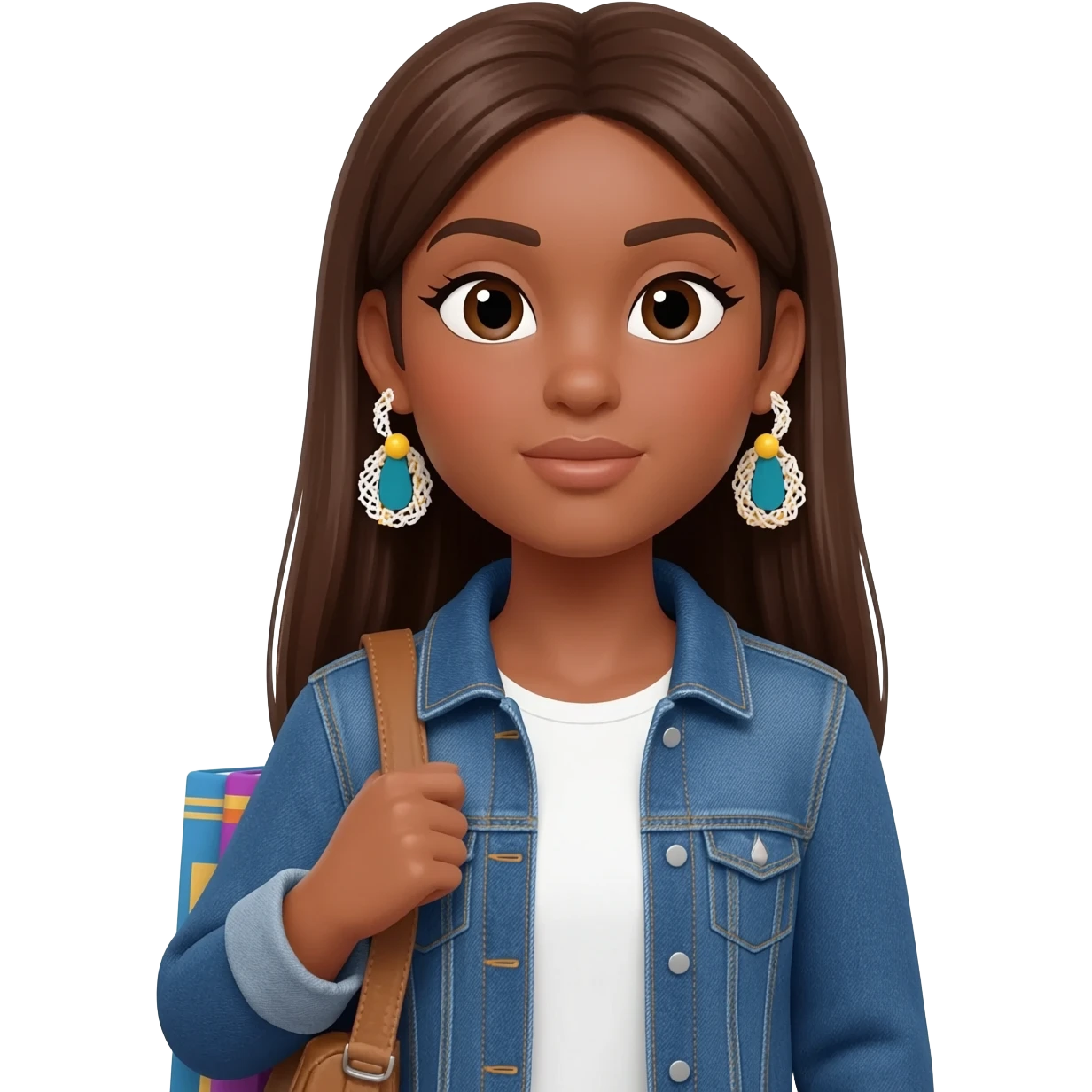 Woman with straight long brunnette hair, light brown skin, she is using a denim jacket with a white shirt and funky earrings and she is carrying books emoji