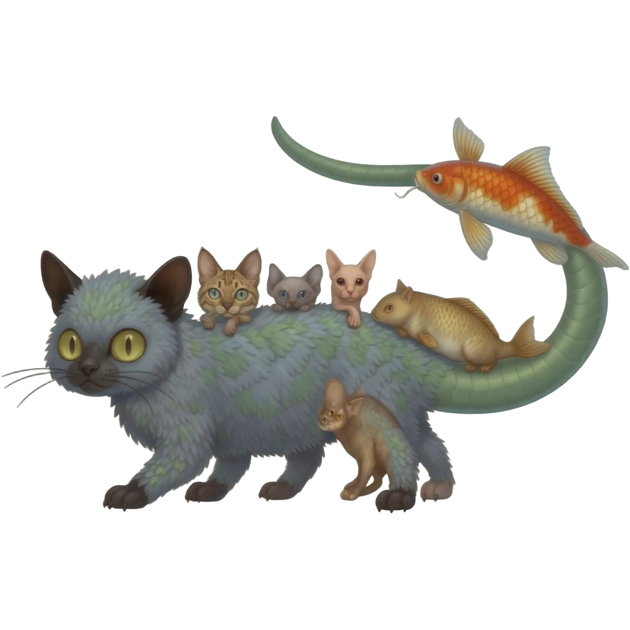 Flurry furry scaly sergal-serval-possum-sphynx-Koi-sergal-fusion-animal-hybrid-creature with a snake-tail emoji