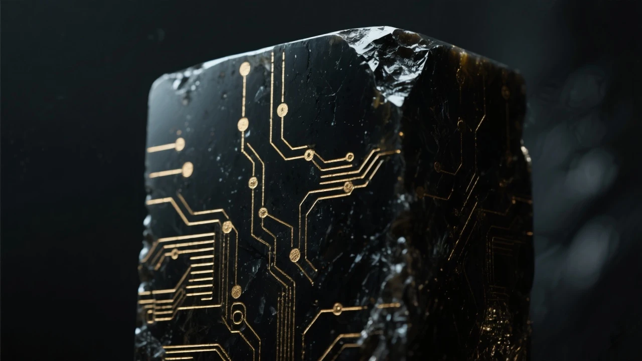 Closeup of black obsidian monolith with subtle gold technology etchings in moody, dark lighting. emoji