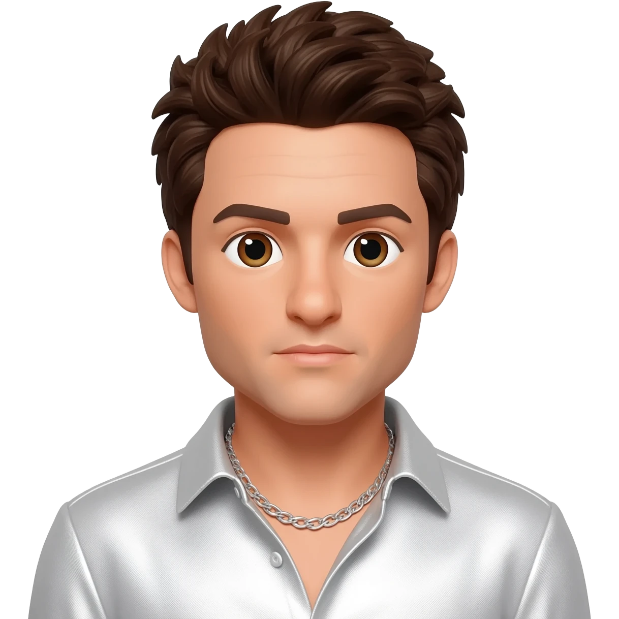 AJ McLean from Backstreet Boys with brown eyes, dark brown hair, white metallic shirt, silver necklace emoji