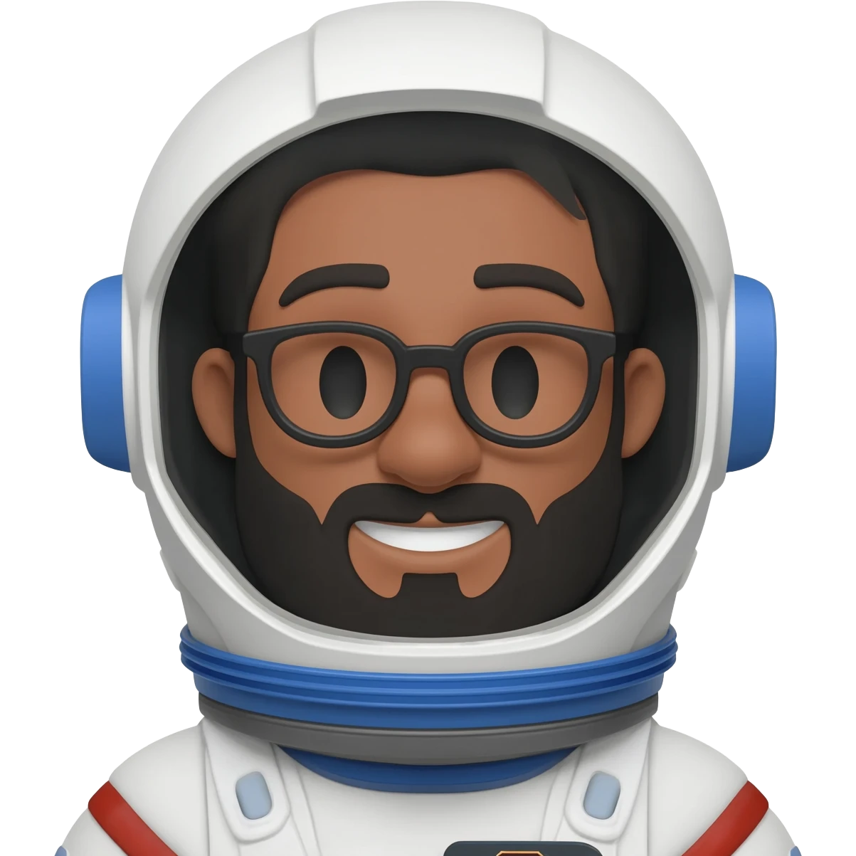 astronaut with helmet in space brown skin, black eyes, glasses and beard smiling black hair show body emoji