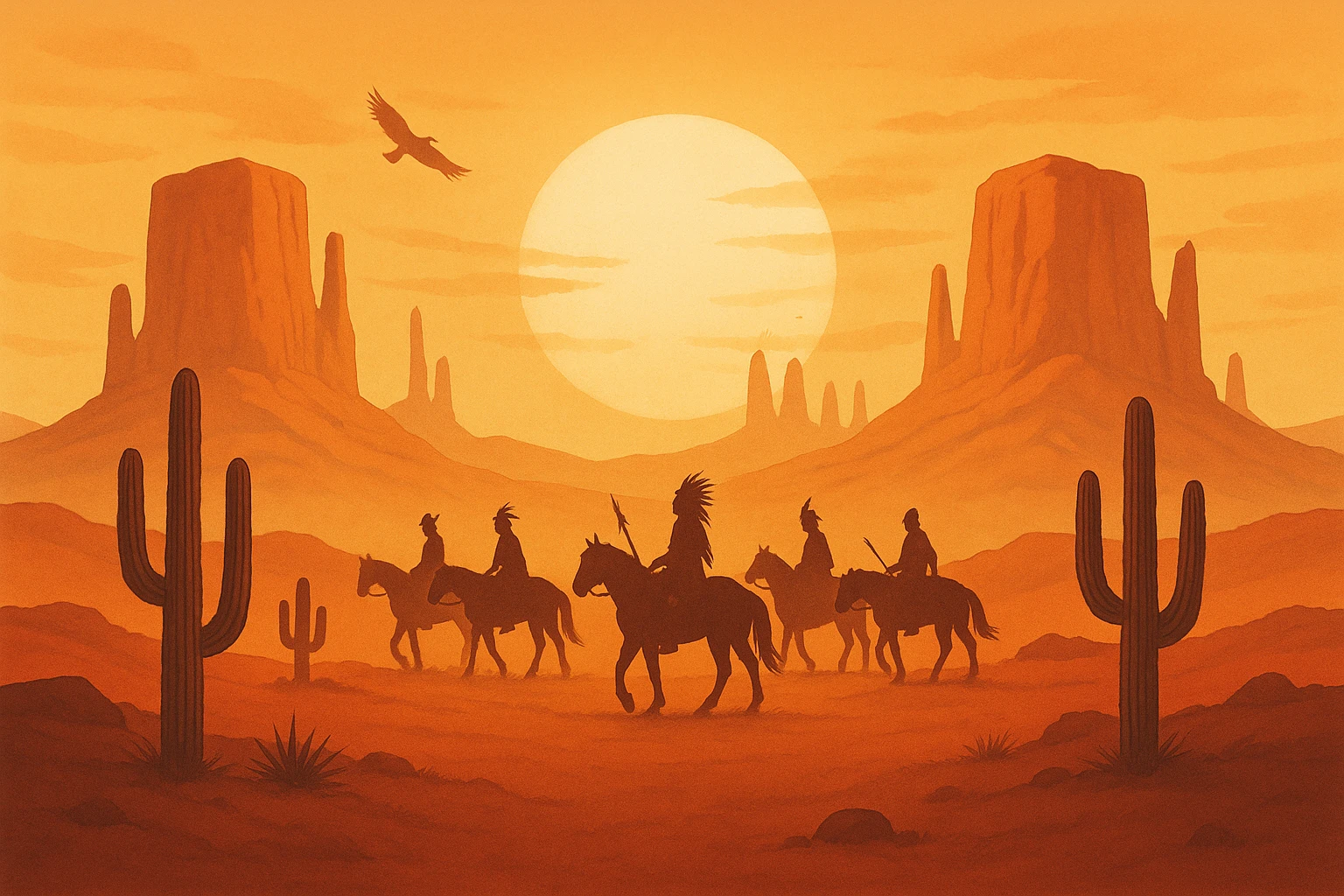 Make me a symmetrical background image based on the image with the addition of native american indian silhouettes in the background emoji
