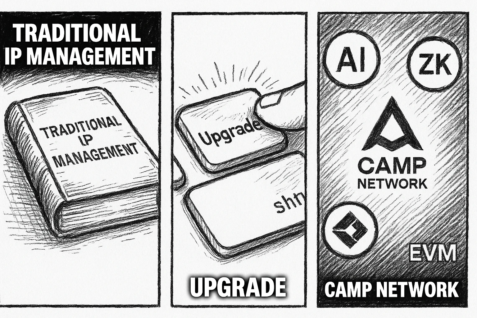 A meme-style image with three frames. The first frame shows an old dusty book labeled “Traditional IP Management”. The second frame shows a finger about to press a glowing “Upgrade” button. The final frame shows a sleek digital interface with AI, ZK, and EVM logos glowing around the “Camp Network” logo. The layout should be in a meme style with white bold Impact font for captions. The humor should be funny but clean, focusing on tech humor. emoji