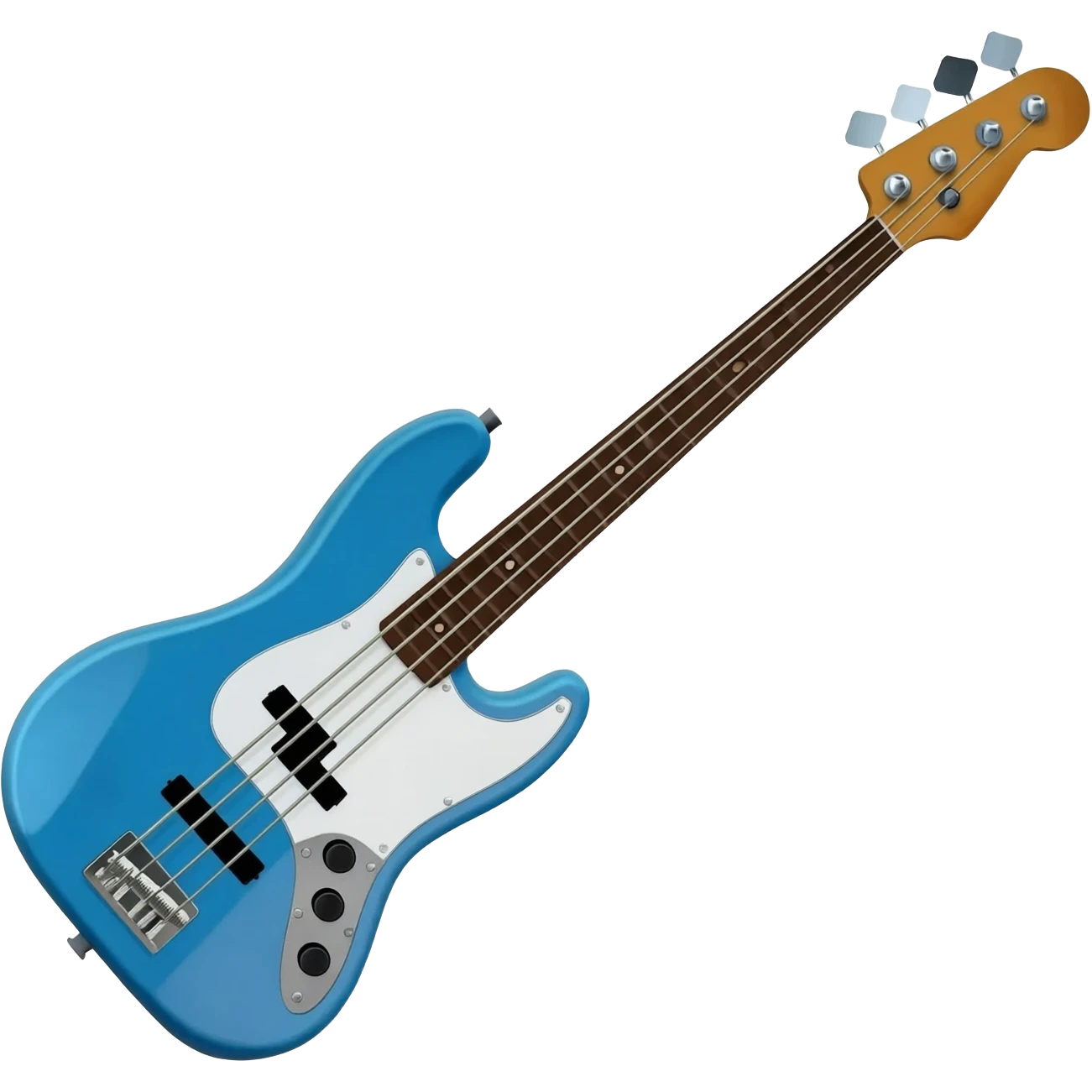 A cobra-blue four-string Precision-style bass guitar with a white pickguard and black split pickup, rendered in a simplified emoji style with soft highlights. The instrument is placed diagonally with the body at the lower left and the headstock at the upper right. emoji