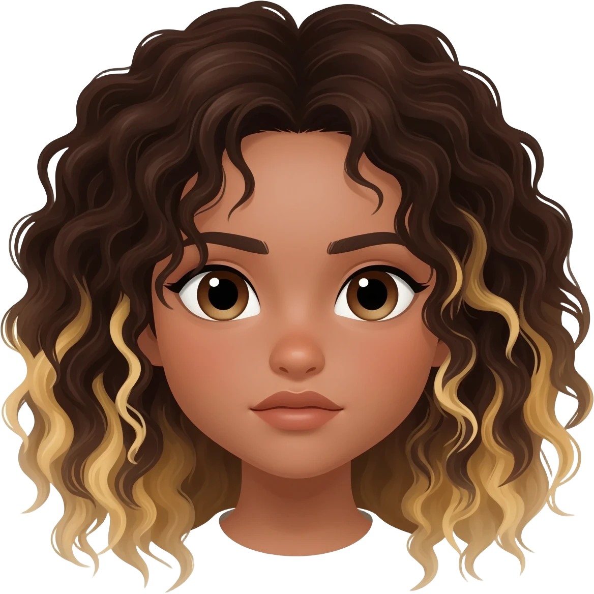 A girl with dark brown curly hair blond streaks emoji