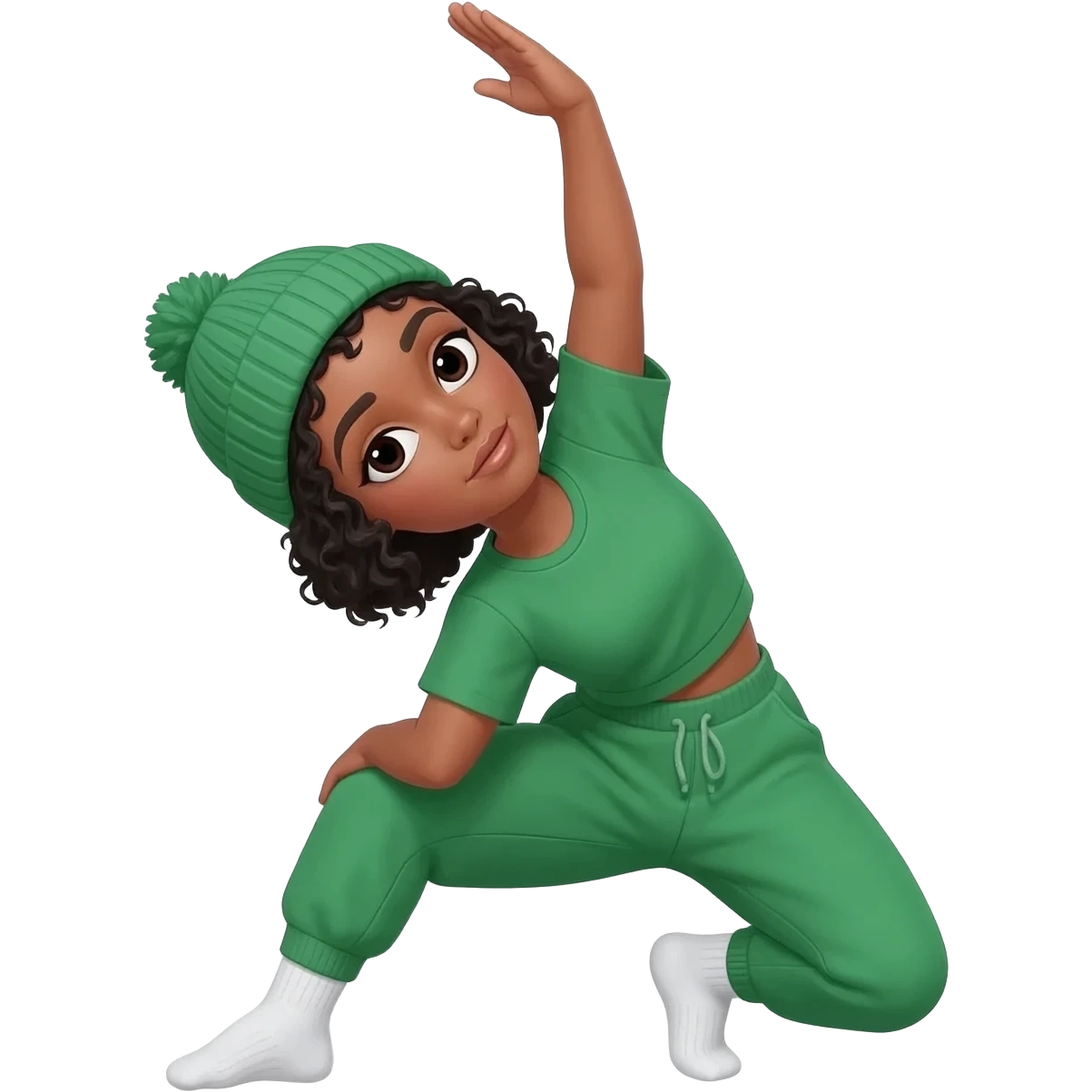 Woman with short black curly neck length hair. Light Tan skin. Wearing a  green sweatsuit and a beanie hat. White socks. Doing a Yoga pose. emoji