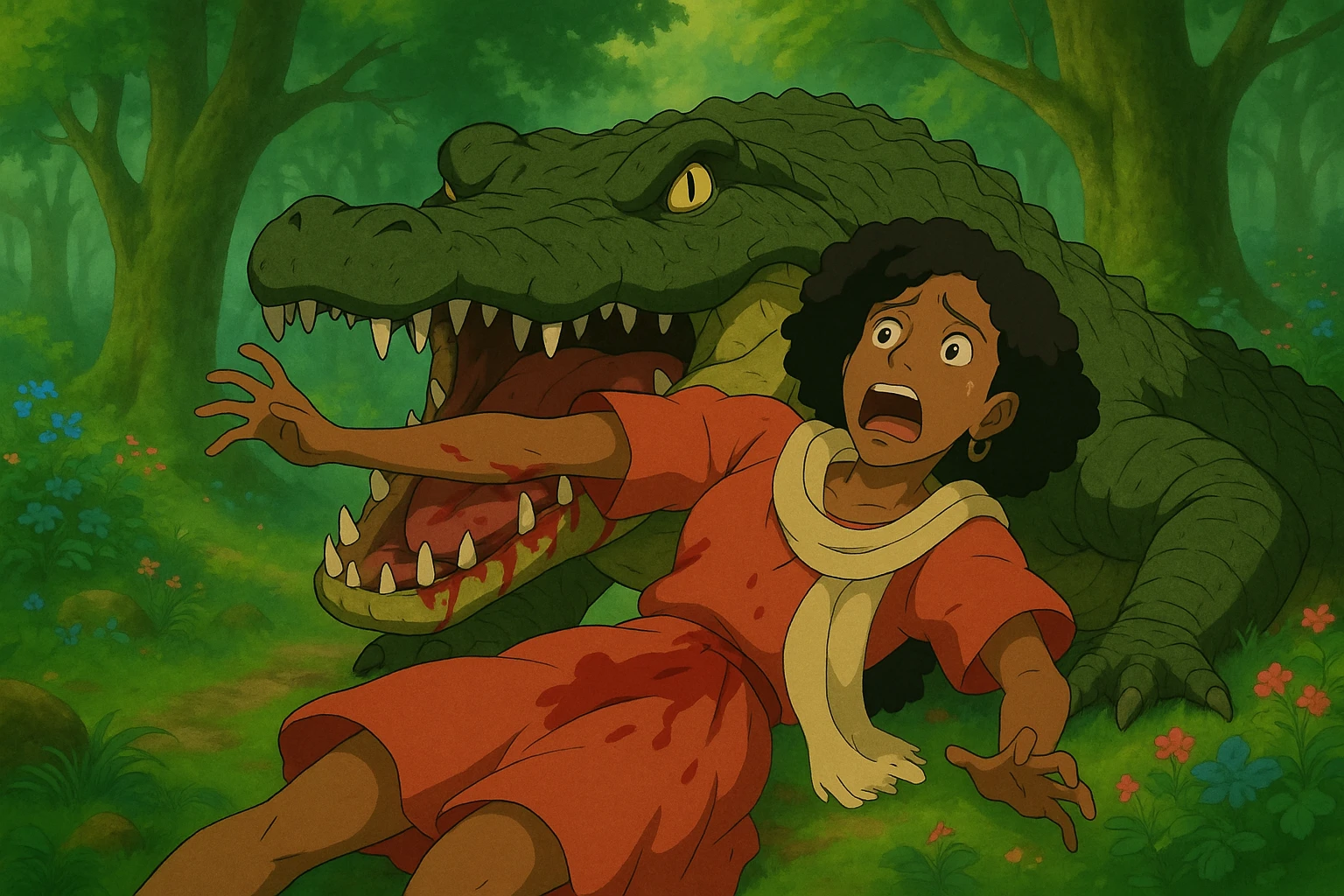 Add a large alligator attacking and eating the black woman in the magical forest, dramatic and emotional scene, in Ghibli style. emoji
