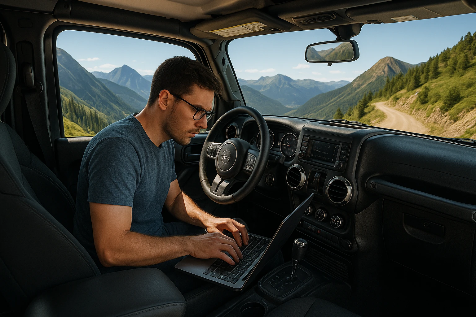 An IT employee working hard on a laptop inside a jeep, driving up a mountain road, with scenic mountains visible outside the windows. The employee looks focused and determined, blending work and adventure. emoji