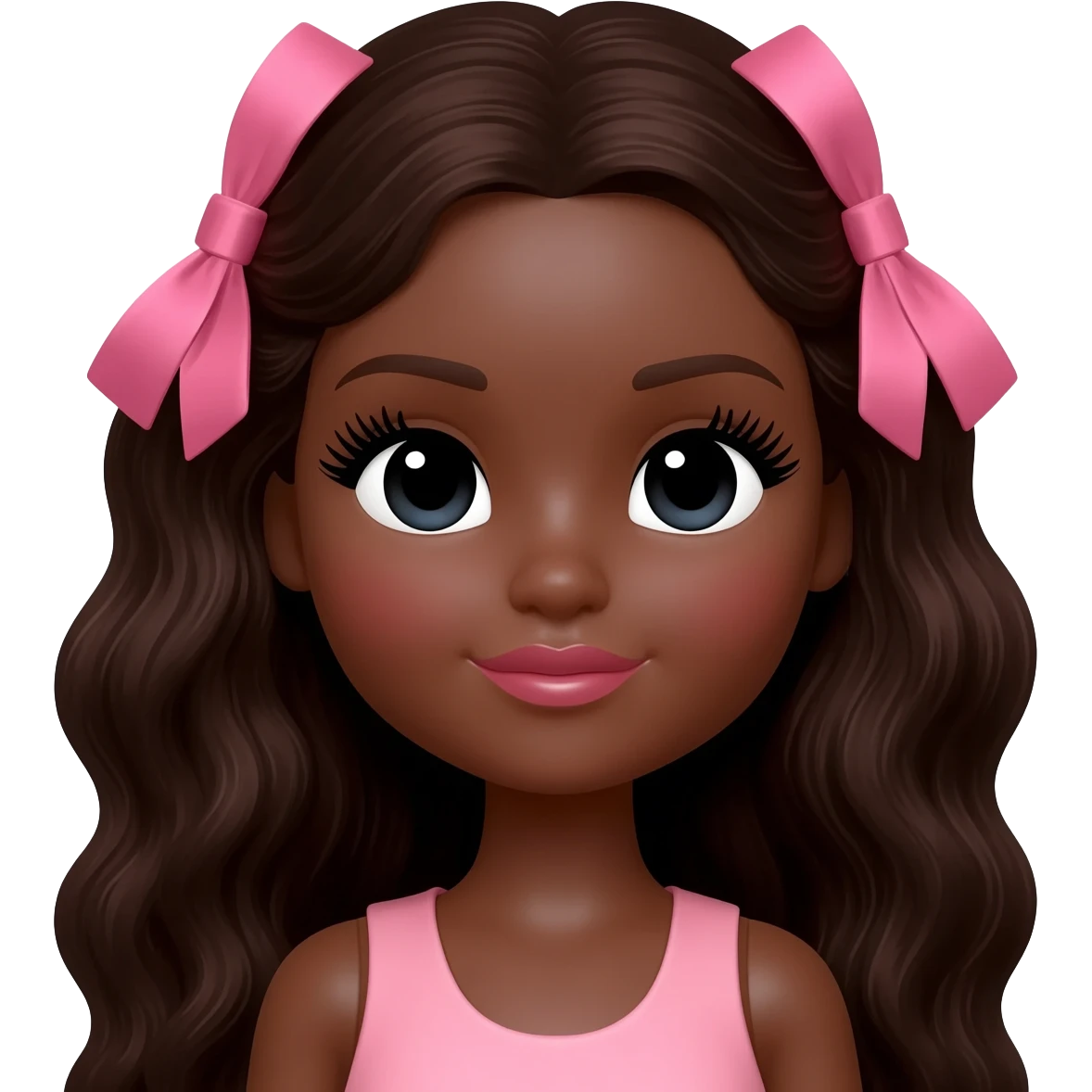 Doll with darkbrown skin with long dark brown wavy hair with pink bows, lashes, cute lips emoji
