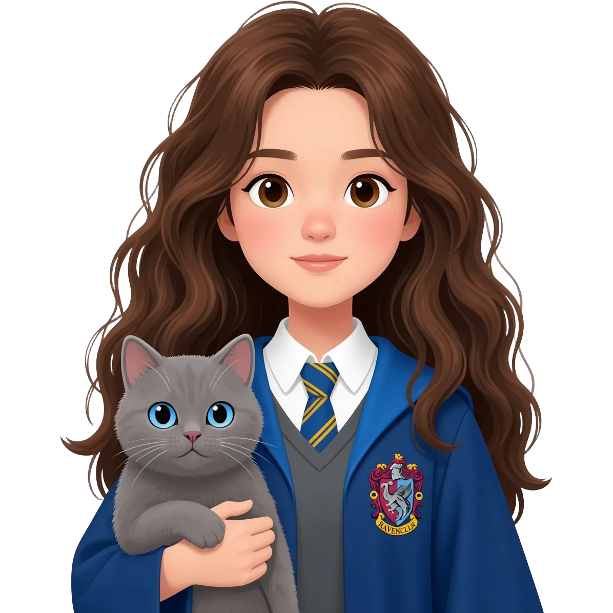 Asian girl with long messy wavy brown hair and brown eyes wearing blue Ravenclaw robe, holding a gray cat with blue eyes in hands emoji