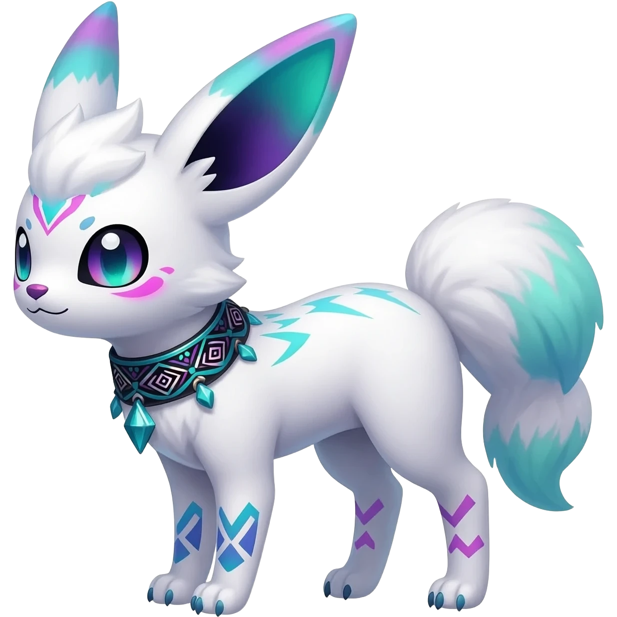 Rare neon iridescent white exotic cute epic aesthetic gothic colorful Salandit-Eevee-Civet-species-Fakemon-hybrid-creature, with a collar, and with intricate tribal markings, full body emoji