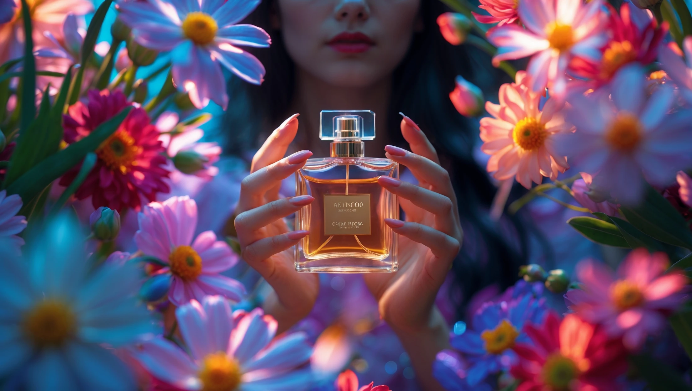 Motion blur Extreme Closeup photo of a beautifull woman holding perfume around beautifull colorfull flowers, cinematic light, 8K, very detailed, sharp, depth (foreground, midground, background) emoji