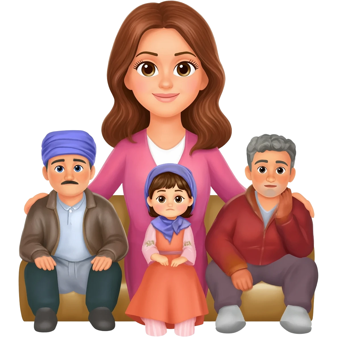 Bir kadın bir kocası iki de erkek çocuk arkaları dönük bı şekilde oturuyorlar kadın ferce giymiş emoji