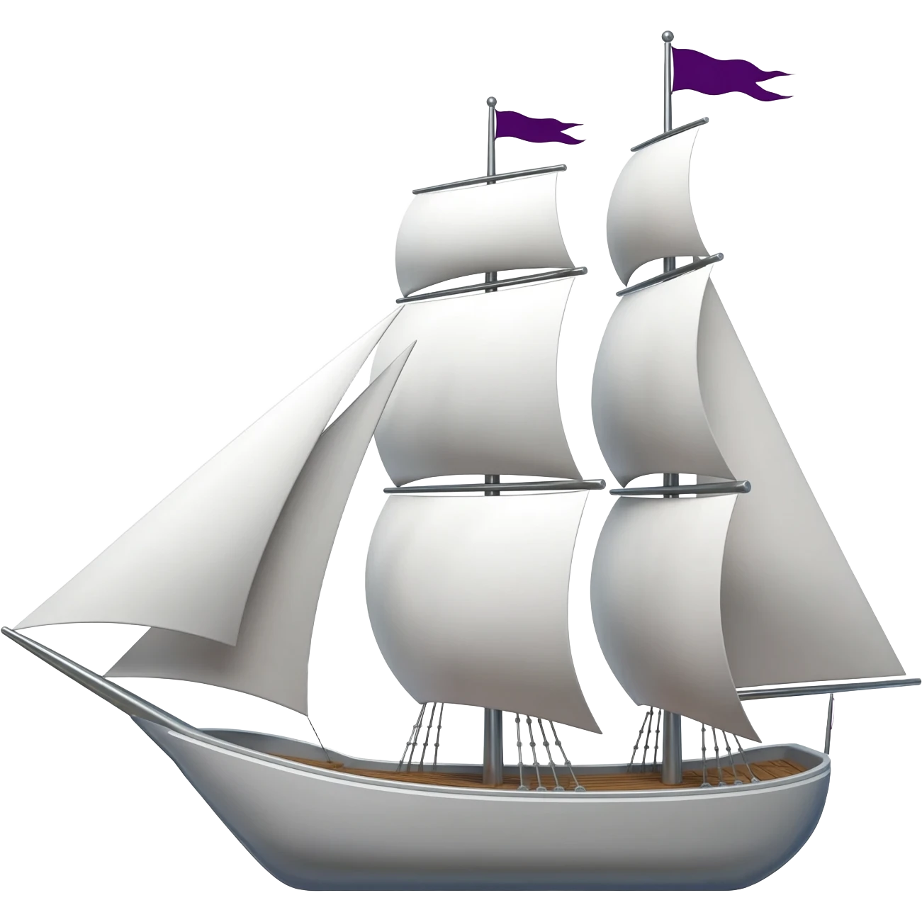 A classic, elegant sailing ship with clean white sails.  The hull is a polished Chrome and the flags at the top are a deep Amethyst Purple. emoji