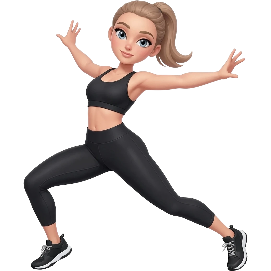 dynamic open-body pose, energetic mood, fair-skinned woman, gray-blue eyes, ash brown brows, ash light brown hair tied back, slim athletic body, black workout set, black sneakers with white soles emoji