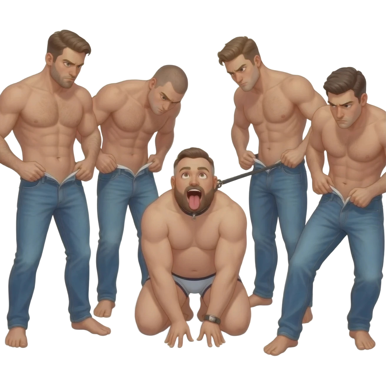 A group of mean looking  shirtless hung men with tight jeans unbuttoning their jeans and surrounding a chubby bald bearded aroused guy in underwear looking up at the men with mouth wide open and tongue out on his hands and knees wearing a collar and leash held by one man realistic style emoji
