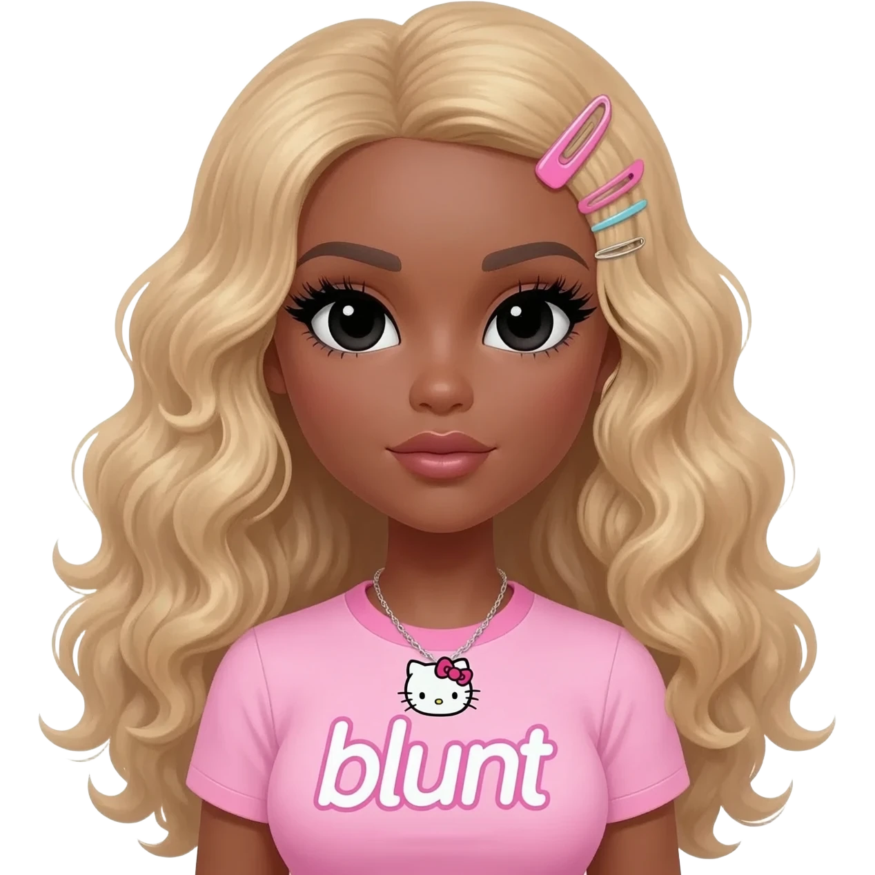 Long giant lashes, my melody hairclip, Doll faced shaped, hello kitty necklace, bimbo, black doll eyes, barbie, dark brown skin with long curly blonde hair, light pink bimbo shirt says "blunt" , big breast emoji