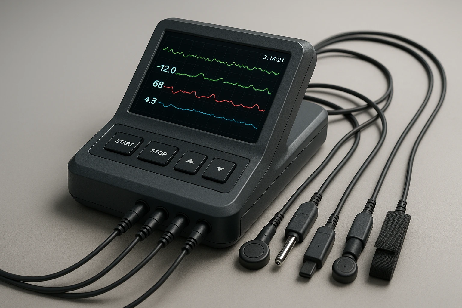 a modern polygraph machine, realistic details, digital display and wires, base style emoji