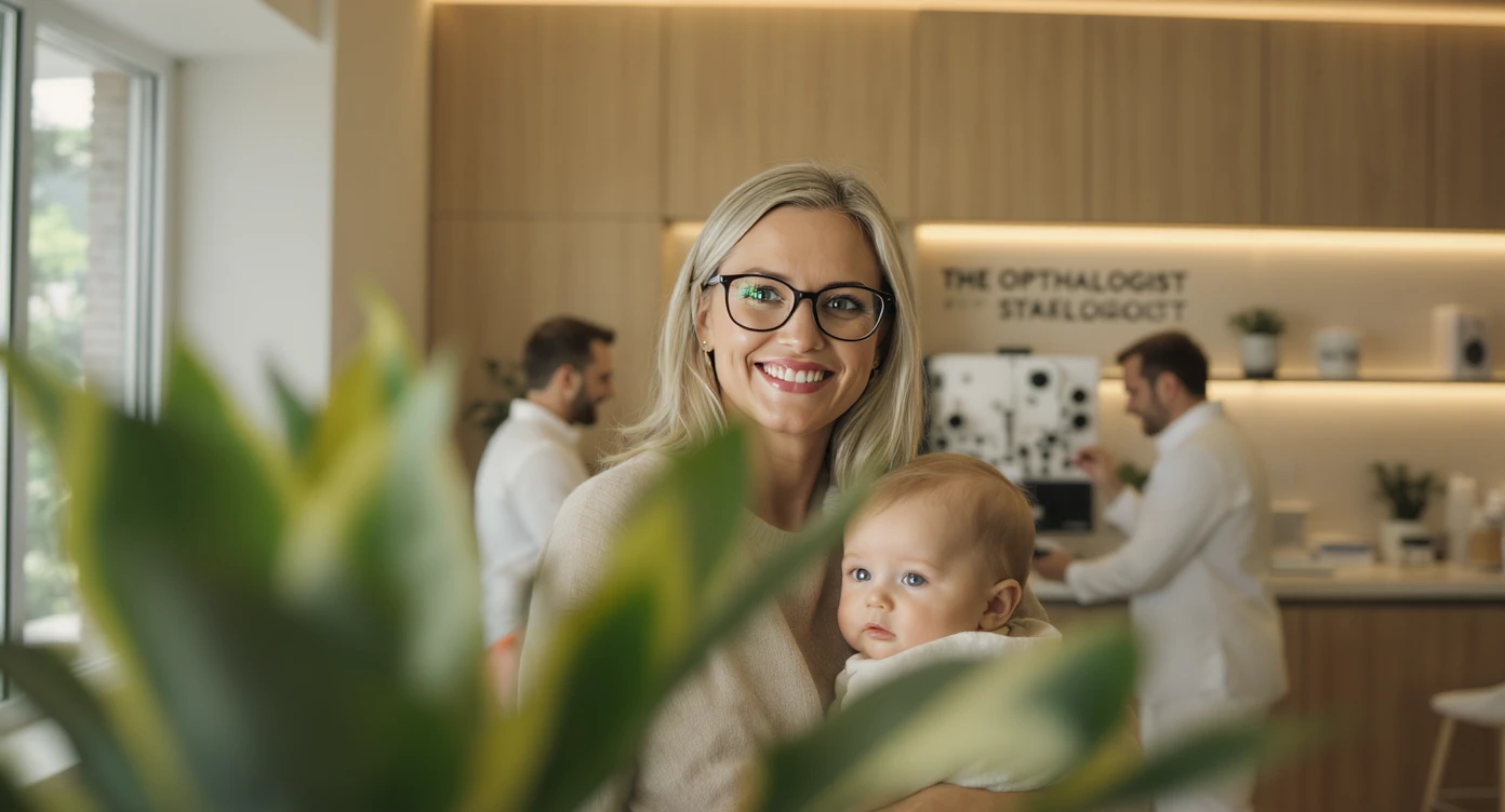 Cinematic still, blurred plants in the foreground (close to the camera), Proffesional advertising of a smiling european white woman with glasses smiling holding baby, minimalistic ophthalmologist interior in background, leading  lines, "rule of thirds", 60/30/10 colors, soft light, warm colors emoji
