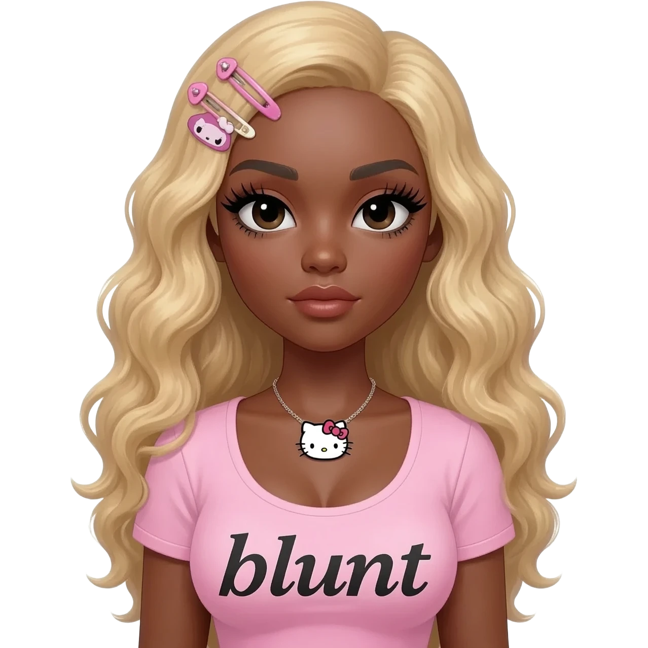 Long giant lashes, my melody hairclip, Doll faced shaped, hello kitty necklace, bimbo, black doll eyes, barbie, dark brown skin with long curly blonde hair, light pink bimbo shirt says "blunt" , big breast emoji