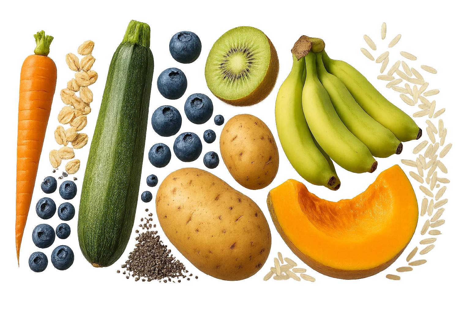 carota, fiocchi di avena, zucchine, kiwi, mirtilli, semi di chia, patate, banane acerbe, zucca, riso fluttuano in aria verticalmente, iperrealistici 4k emoji
