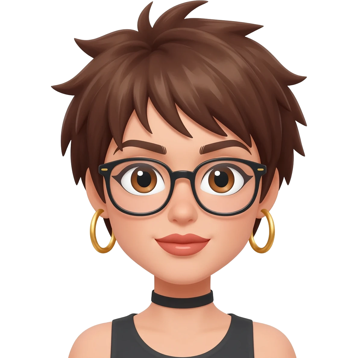 Female very very short brown hair few spikes gold hoop earringsbrown eyes hoop earrings hoop earrings glasses full lips emoji