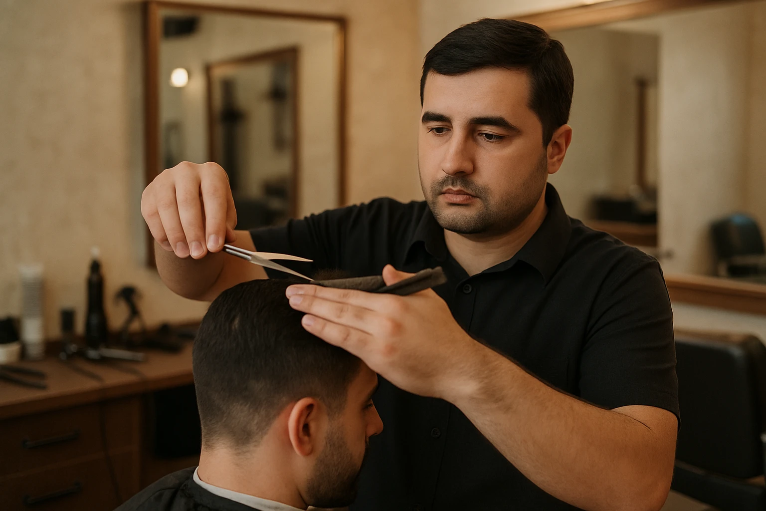 shu odamni sartaroshxonada mijozlarni sochini olayotganin  tasvirlab ber juda yosh ham katta ham bo'lmasin semiz ham bo'lib ketmasin o'smirin davrini yuzi ko'rinmasin emoji