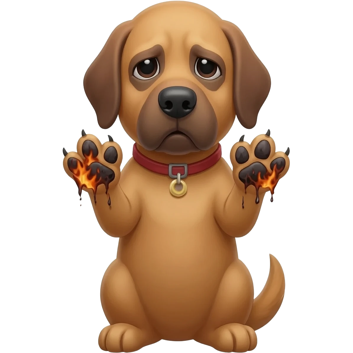 A sad dog shows his front paws because he burned them. emoji