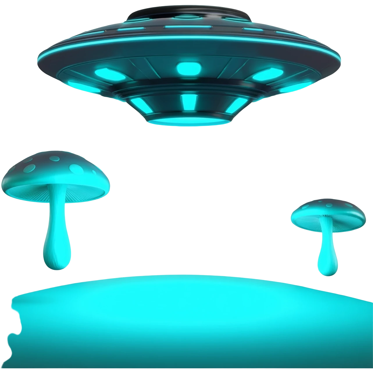extraterrestrial futuristic otherworldly cyan bioluminescent neon-glowing aesthetic scenery flying saucers UFOs mushroom floating flying hovering object emoji